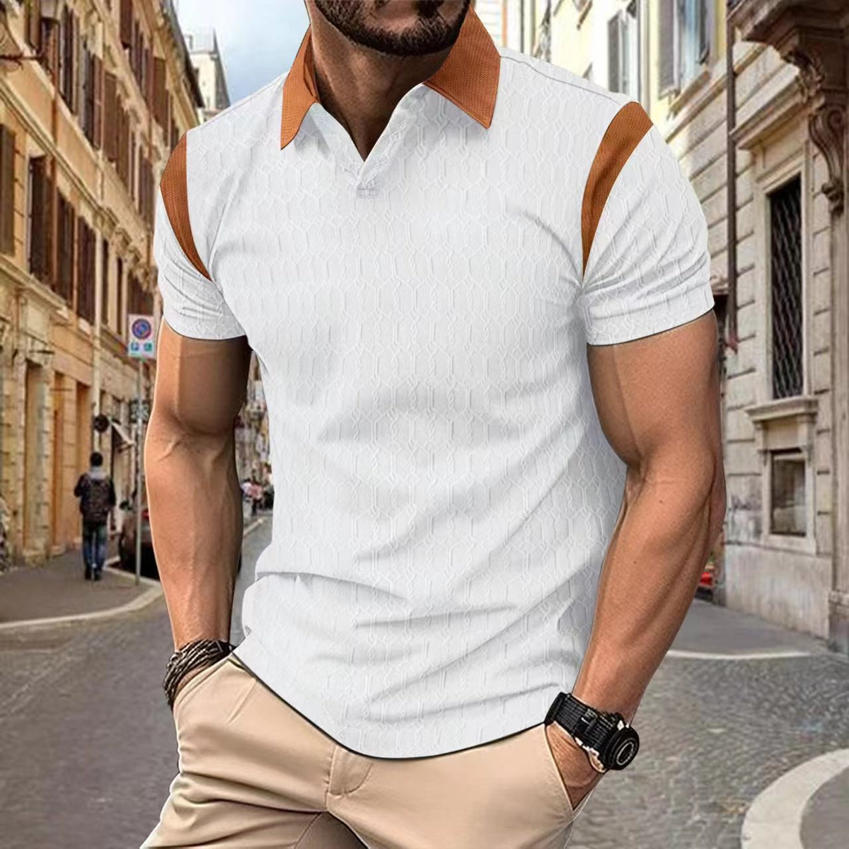 Men's Waffle Jacquard Solid Color Polo Shirt