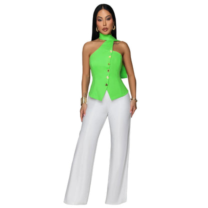 Office-style Halter-neck Fitted Top And Wide-leg Pants Two-piece Set