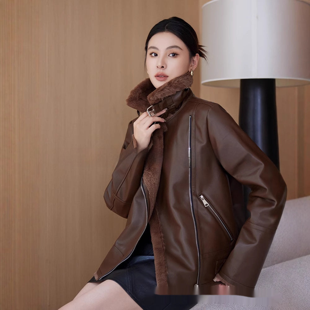 Fur Integrated Women's Mid-length Lamb Coat Winter Motorcycle Clothing