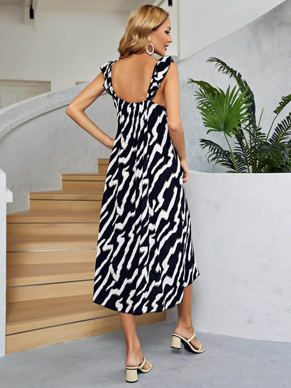 Chic Two-Tone Low Back Midi Dress with Ruffle Neckline