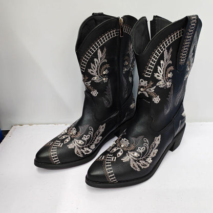 Womens Embroidered Rhinestone Chunky High-Heel Boots