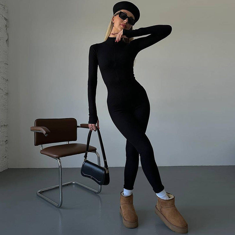 Women's Fashion Zipper Chest Slim-Fit Long-Sleeve Stretch Jumpsuit