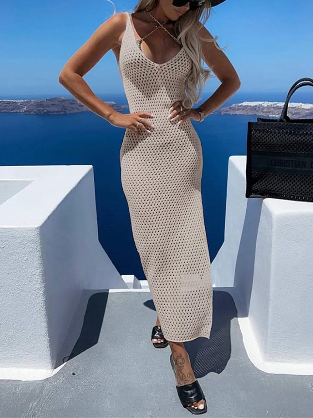 Slit Openwork V-Neck Sleeveless Cover Up