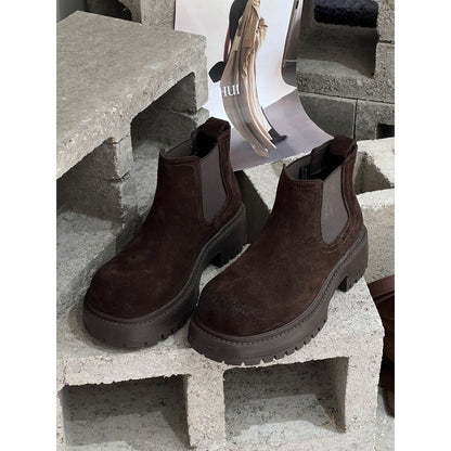 New Autumn Winter Retro Cow Suede Thick-soled Height-increasing Womens Boots
