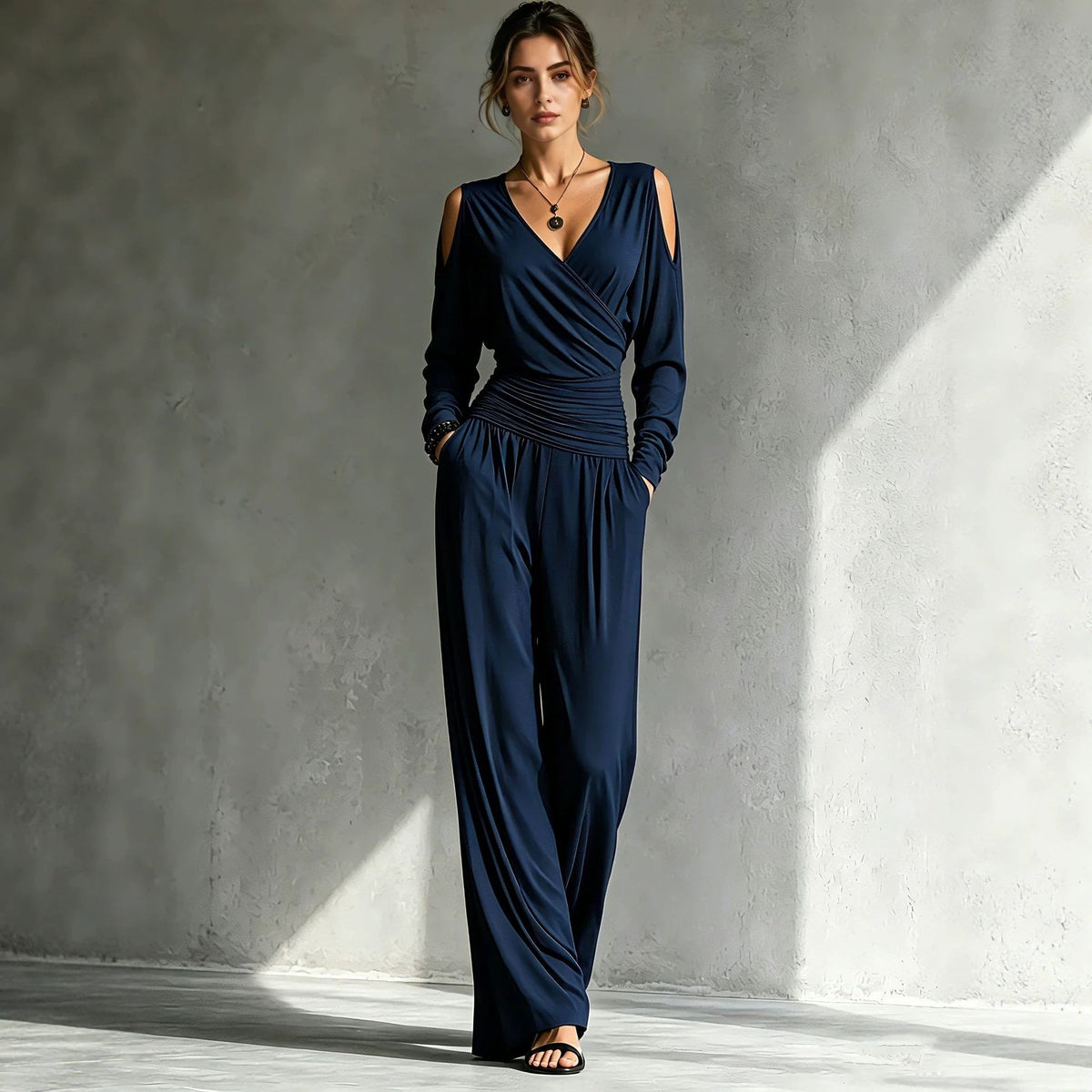 Long-sleeve Waist-cinched Pleated Casual Jumpsuit