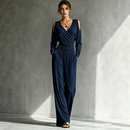 Long-sleeve Waist-cinched Pleated Casual Jumpsuit