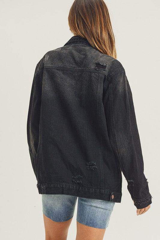 RISEN Full Size Distressed Long Sleeve Denim Jacket for Women