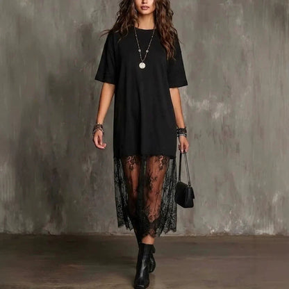 Womens Solid-Color Lace-Patchwork Short-Sleeve Dress