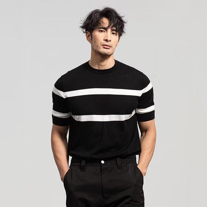 Men's Retro-style Round-neck Knitted Top With Ice Silk Short Sleeves