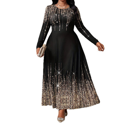 Plus-size Womens Sequined Crew-neck Long-sleeve Dress