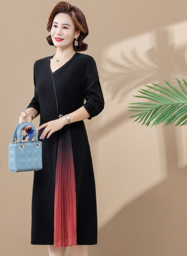 Black Short Sleeved Middle Aged Mother Chiffon Dress
