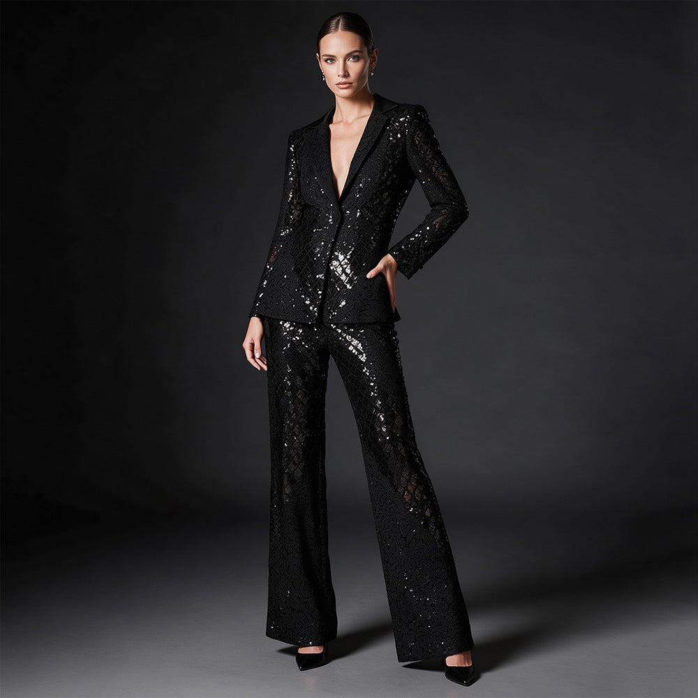 Sparkling Sequin Lace Blazer & Wide-Leg Pants Suit Set