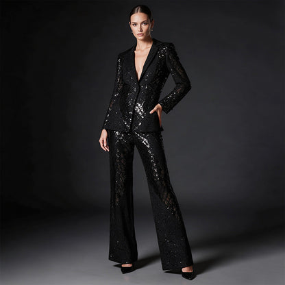 Sparkling Sequin Lace Blazer & Wide-Leg Pants Suit Set