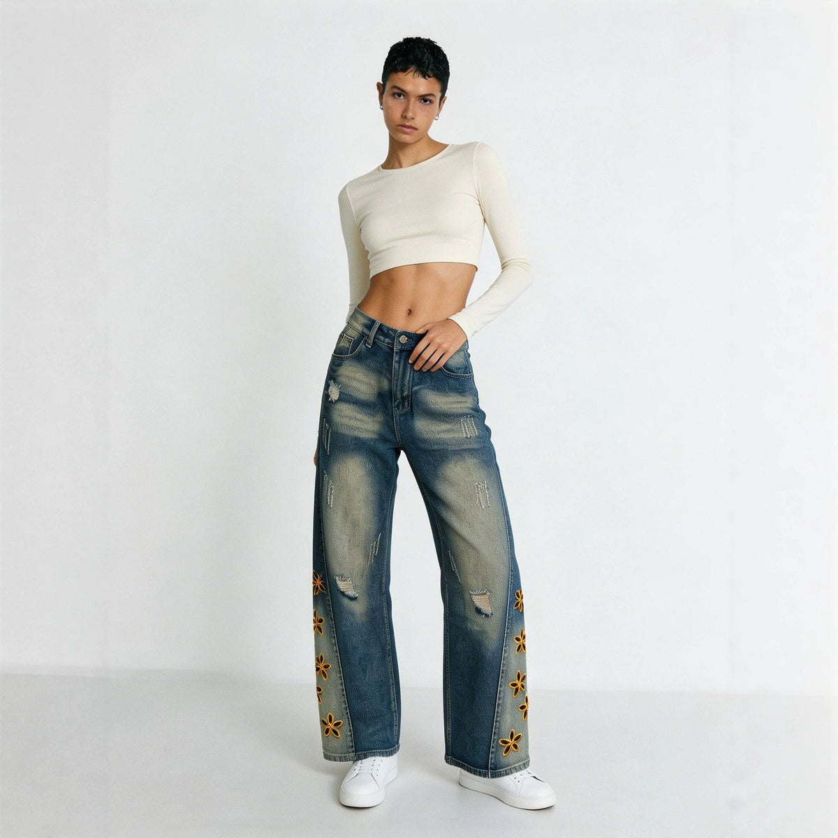 Retro Distressed Womens Denim Jeans
