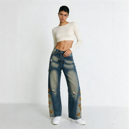 Retro Distressed Womens Denim Jeans