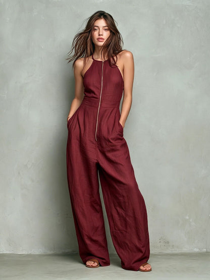 Womens Solid-color Zip-front Backless Wide-leg Relaxed-fit Jumpsuit