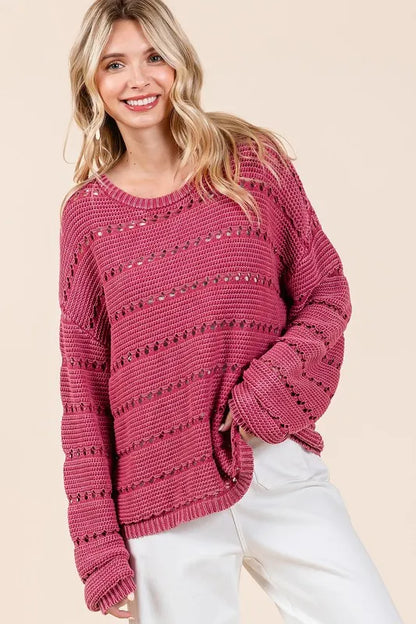 Mittoshop Openwork Round Neck Drop Shoulder Sweater