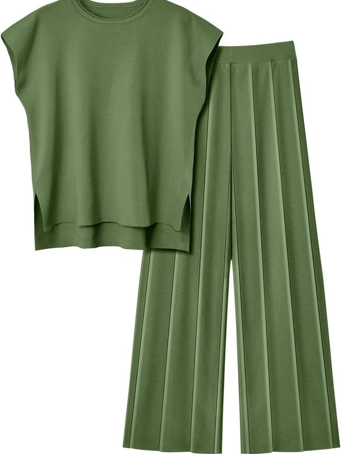 Round Neck Cap Sleeve Top and Pants Knit Set for Women