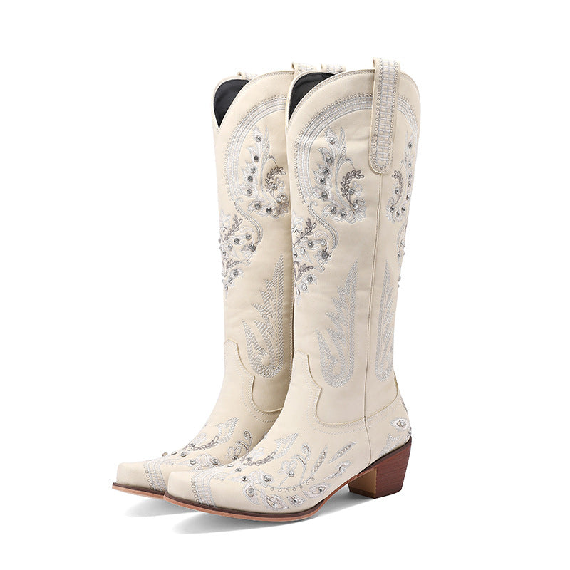 Womens Embroidered Rhinestone Chunky High-Heel Boots