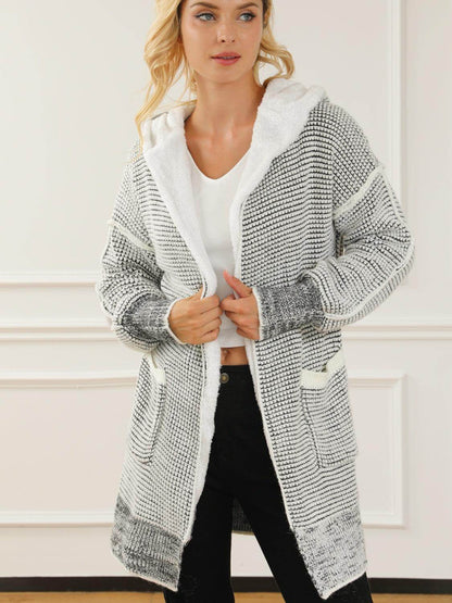 Open Front Hooded Winter Coat with Pockets for Women