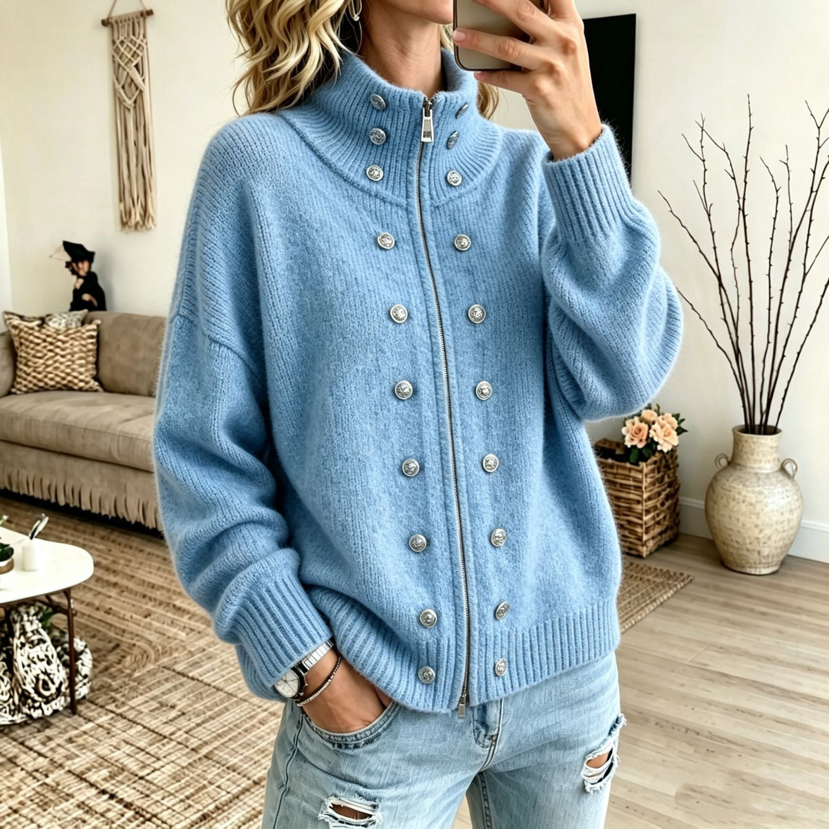 Women's Sweater Coat With Metal Buttons And Double Zippers