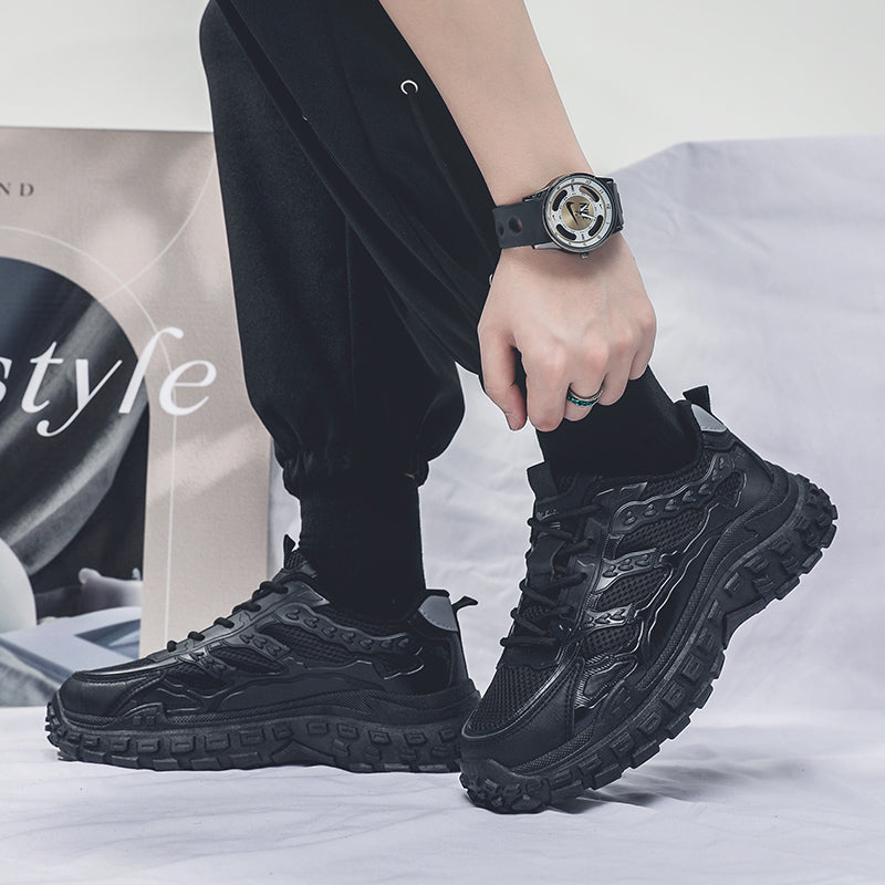 Men Black Safety Work Sneakers, Breathable Anti-slip Tire Sole Height Boost Trendy Dad Shoes