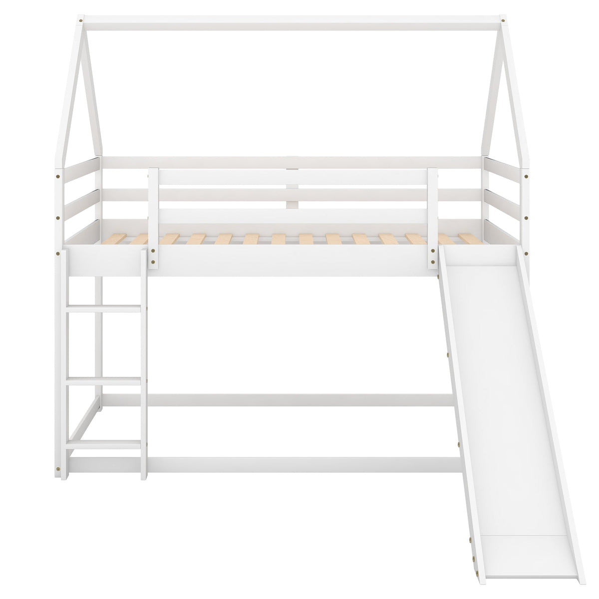 Twin Size Bunk House Bed with Slide and Ladder White