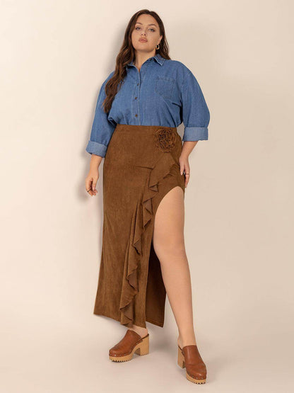 Plus Size Ruffled Slit High Rise Skirt for Stylish Comfort