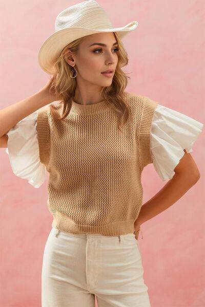 Oh Full Size Ruffled Round Neck Short Sleeve Sweater for Women