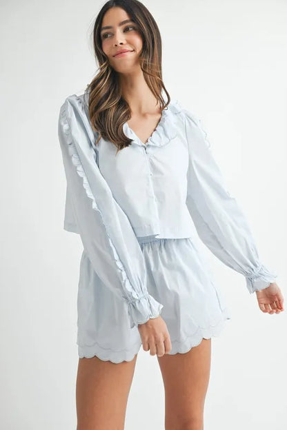 MABLE Long Sleeve Scallop Blouse and Shorts Set