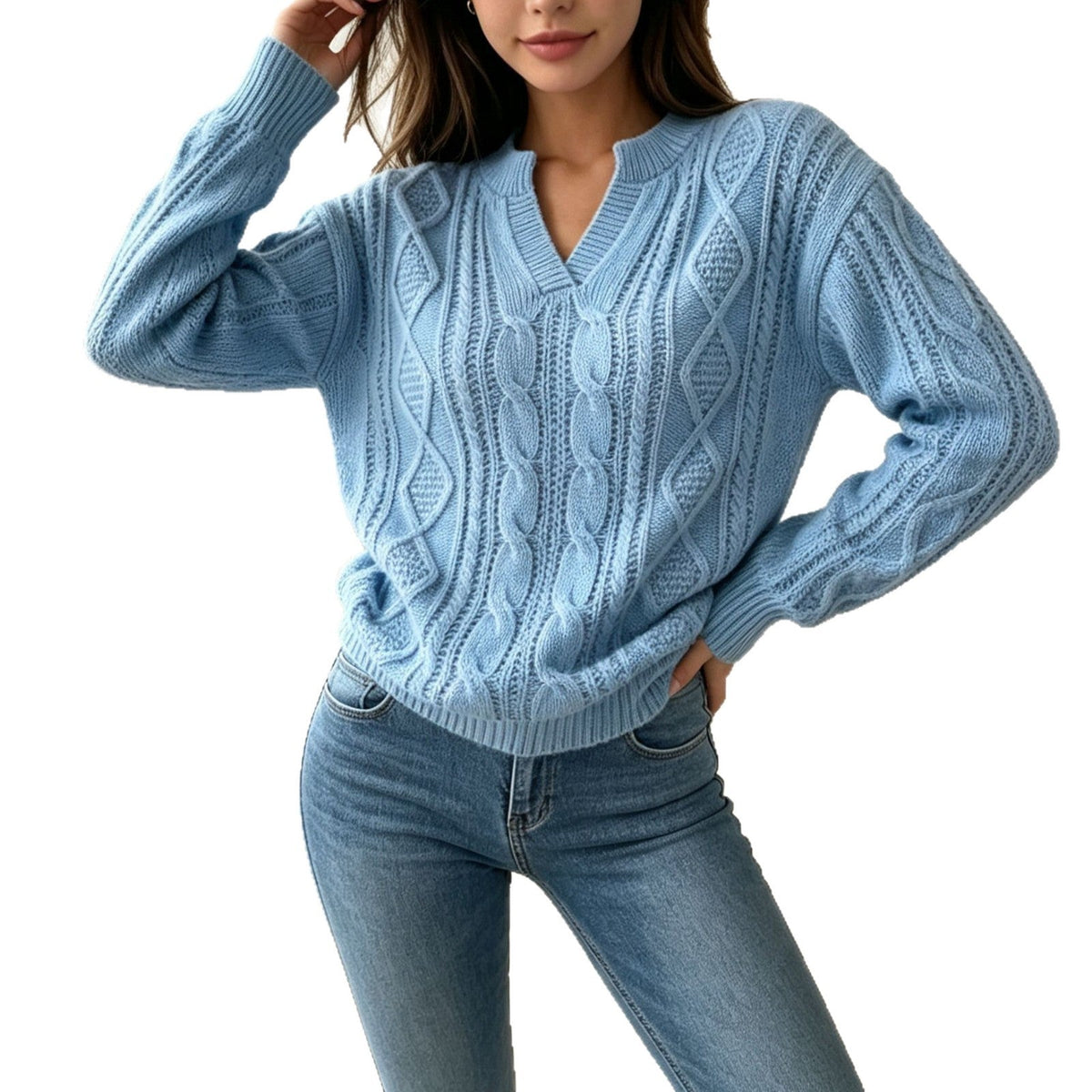 Women's Fashion Cable-knit Sweater With A Half-placket Neckline