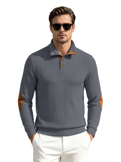 Men's Stand Collar Textured Jacquard Sleeve Patch Sweatshirt, American-Style Plus Size Casual Sports Polo Shirt For Export