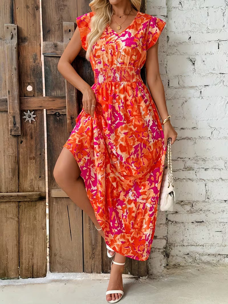 Womens Printed V-neck Dolman-sleeve Dress