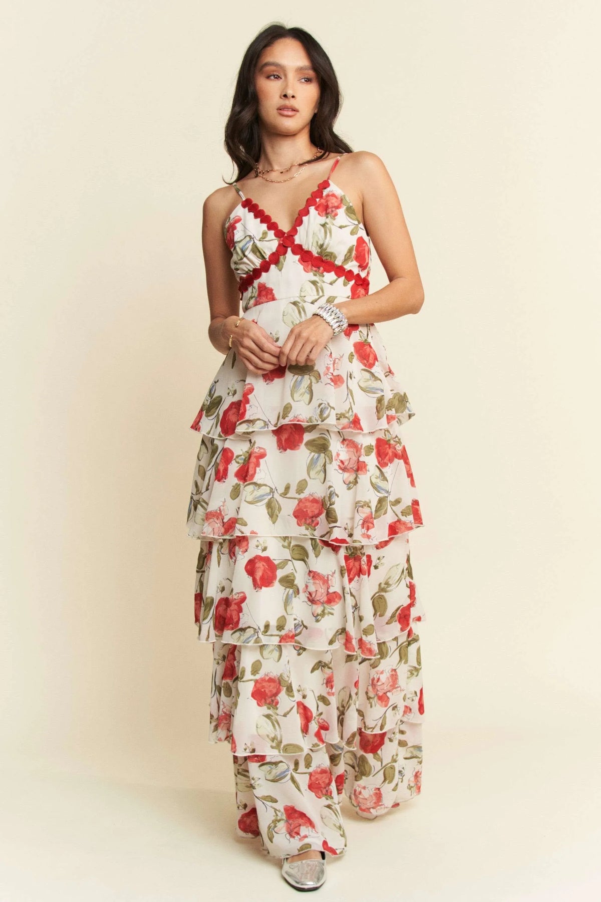 Davi & Dani Contrast Ring Lace Layered Ruffle Maxi Cami Dress