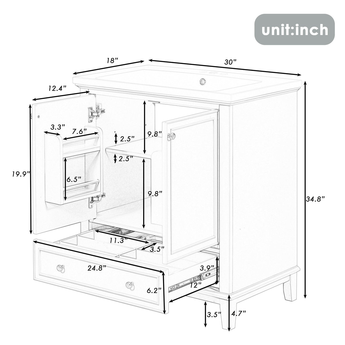 30inchgrey Bathroom Vanity with Sink ComboMulti-functional Bathroom Cabinet with Doors and Drawer Solid Frame and MDF Board