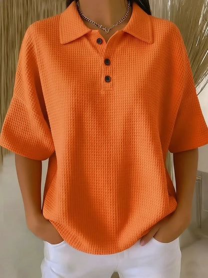 Cross-Border  Foreign Trade Fashion Waffle Short-Sleeved T-Shirt Solid Color Button T-Shirt Polo Collar Pullover Loose Top