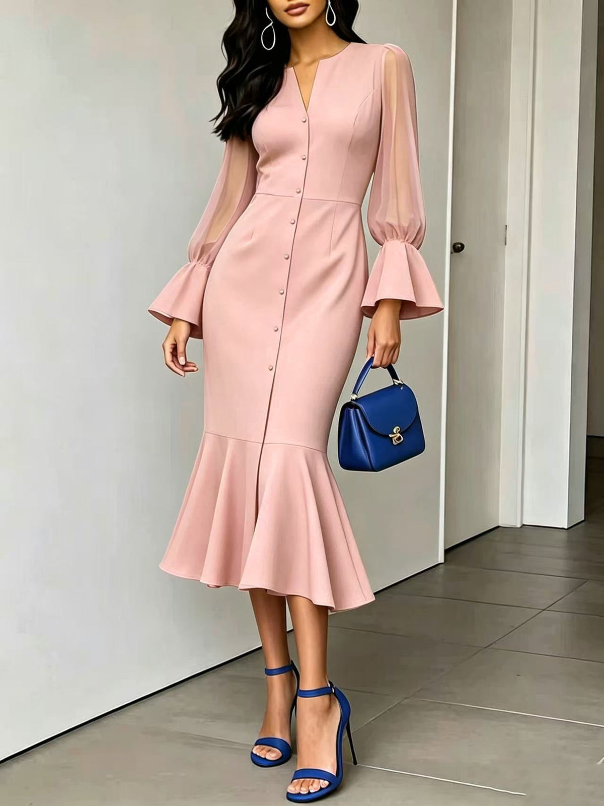 V-neck Chiffon Patchwork Puffed Long-sleeve Dress