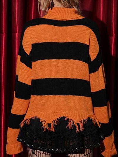 Raw Hem Contrast Turtleneck Long Sleeve Sweater for Women