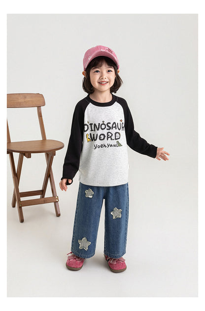 Girls' Washed-Effect Denim Jeans With Cute Star Embroidery And Fade-Resistant Design