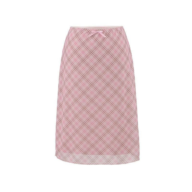 Bow-knot Ribbon Mesh Plaid Skirt For Women