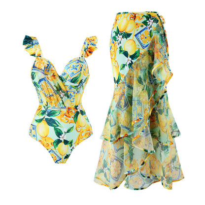 Conjoined conservative fly edge cover belly slimming sexy skirt style swimsuit women's wrapped skirt set