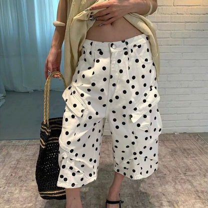 American-style Vintage White Polka-dot Work Pants
