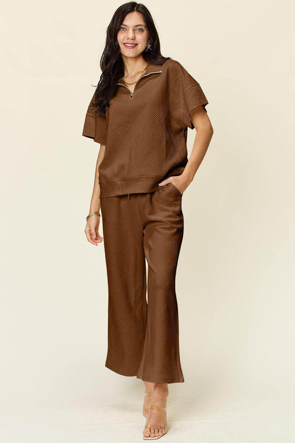 Double Take Full Size Texture Half Zip Short Sleeve Top Set