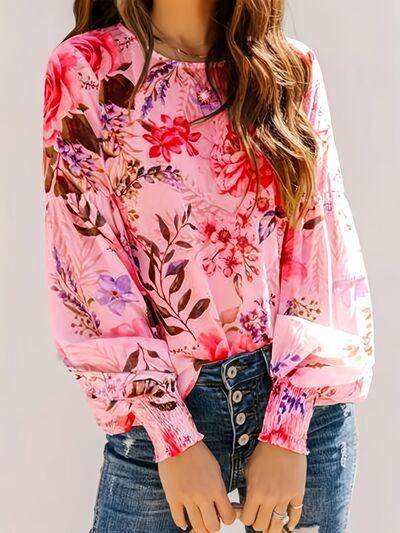 Smocked Printed Round Neck Lantern Sleeve Blouse for Women