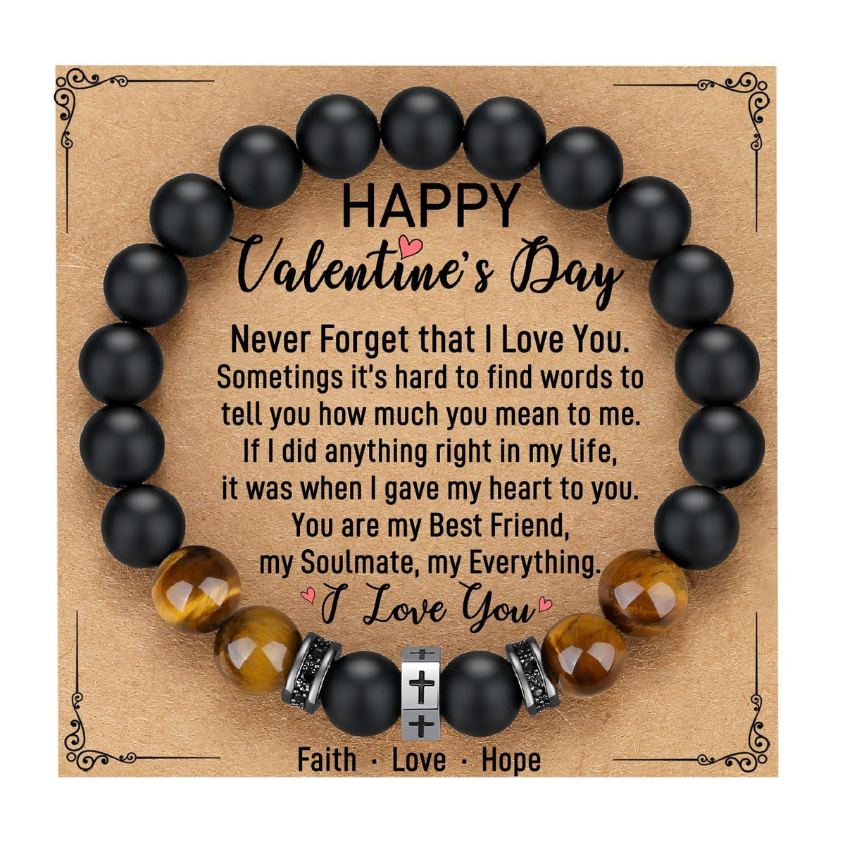 Tigers Eye Stone And Stainless Steel Cross Beaded Bracelet