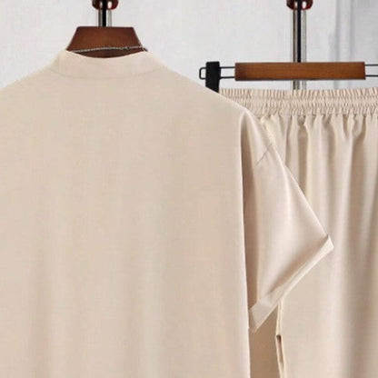 Men's Short Sleeve Cardigan Stand Collar Shirt Pants Suit