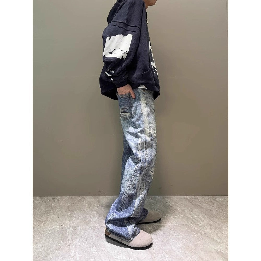 Digital-printed Stained Blue Bootcut Jeans