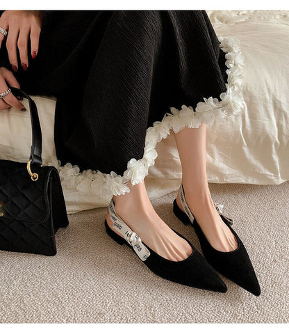 Women Genuine Leather Closed Toe Backless Flat Sandals, Pointed Toe Bow Style Pumps New Summer