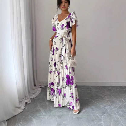 Women's V-neck Printed Ruffle A-line Dress