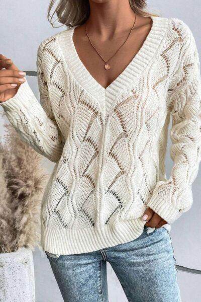Openwork V-Neck Long Sleeve Sweater for Women Fashion